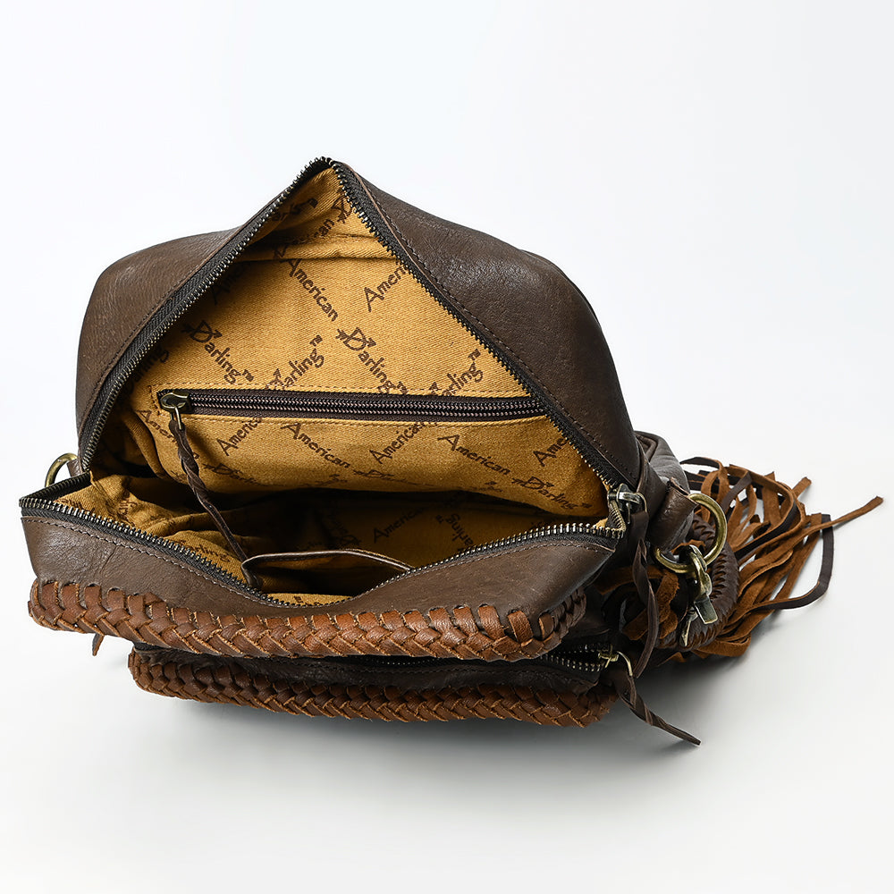 ADBGM354 Leather Fringe Crossbody Bag - Dual Pocket Western Braided Mini Purse