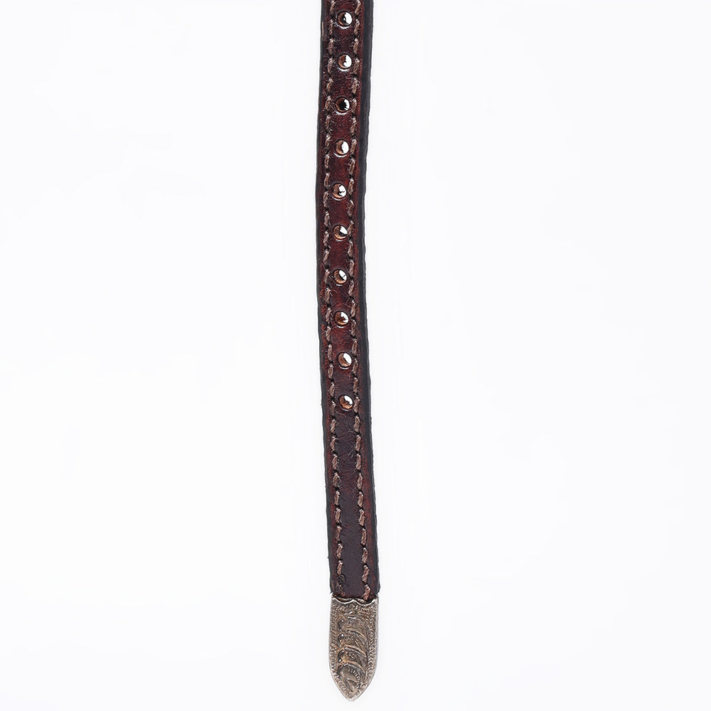 ADHTBR103 Western Studded Brown Leather Hatband with Engraved Silver Buckle