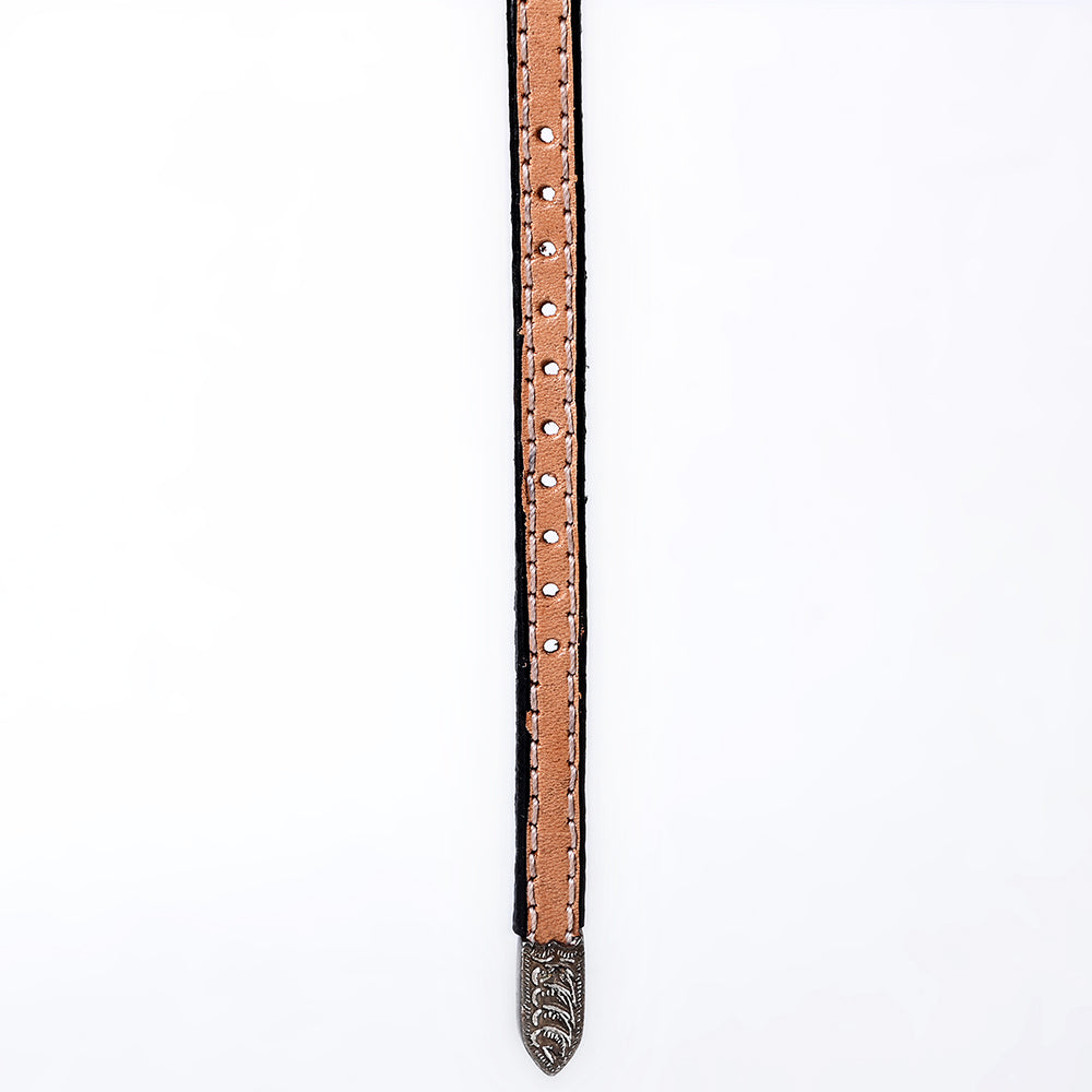 ADHTBR108 Tooled Natural Leather Western Hatband with Feather Pattern & Silver Buckle