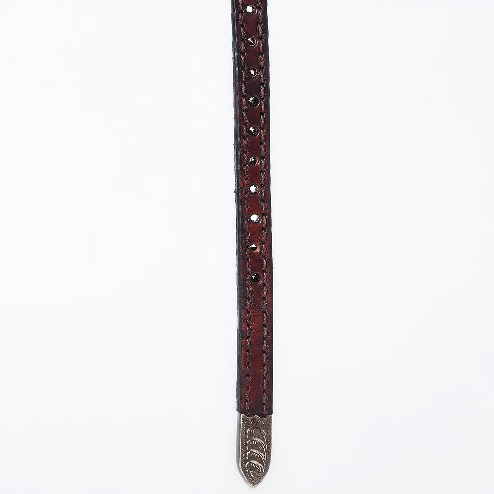 ADHTBR111 Dark Brown Tooled Leather Western Hatband with Floral Design & Silver Buckle