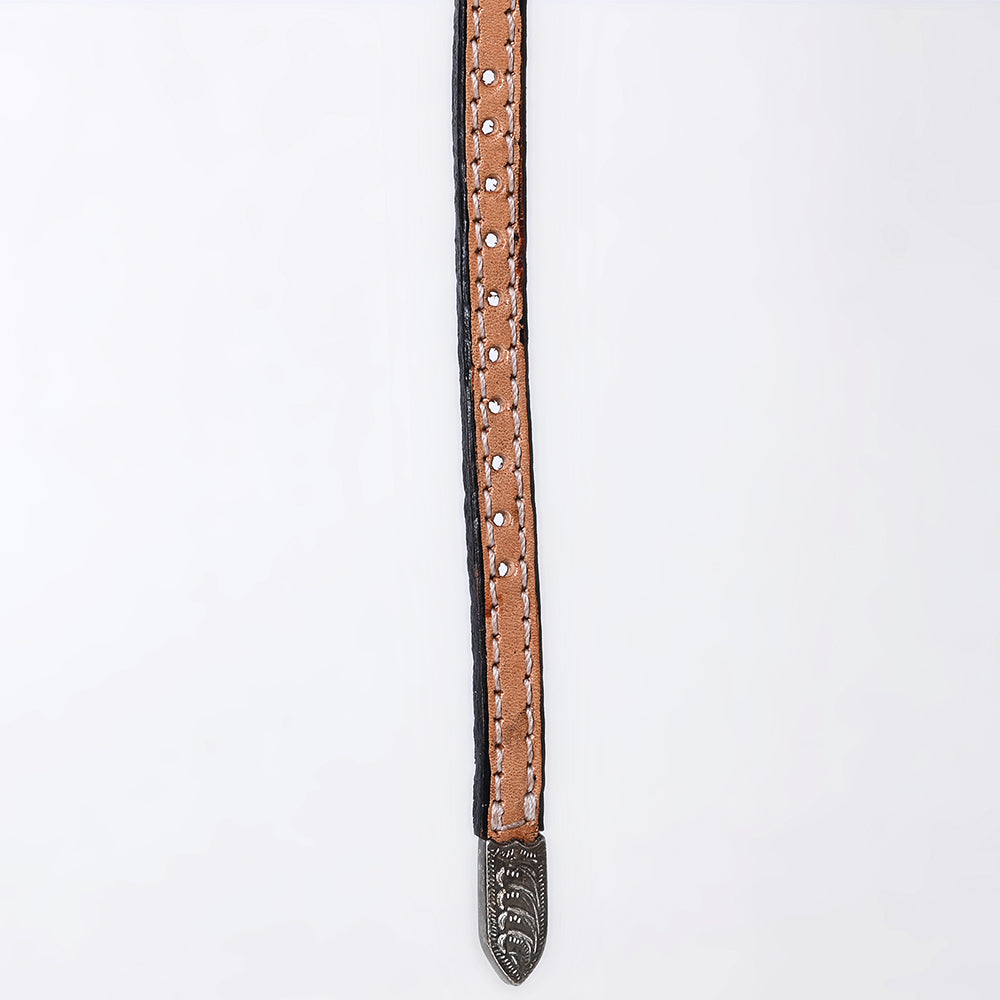 ADHTBR112 Natural Tooled Leather Western Hatband with Floral Design & Silver Buckle Set