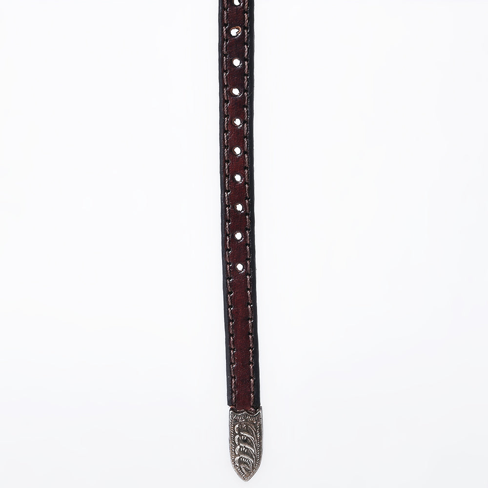 ADHTBR113 Dark Brown Tooled Leather Western Hatband with Floral Design & Silver Buckle Set
