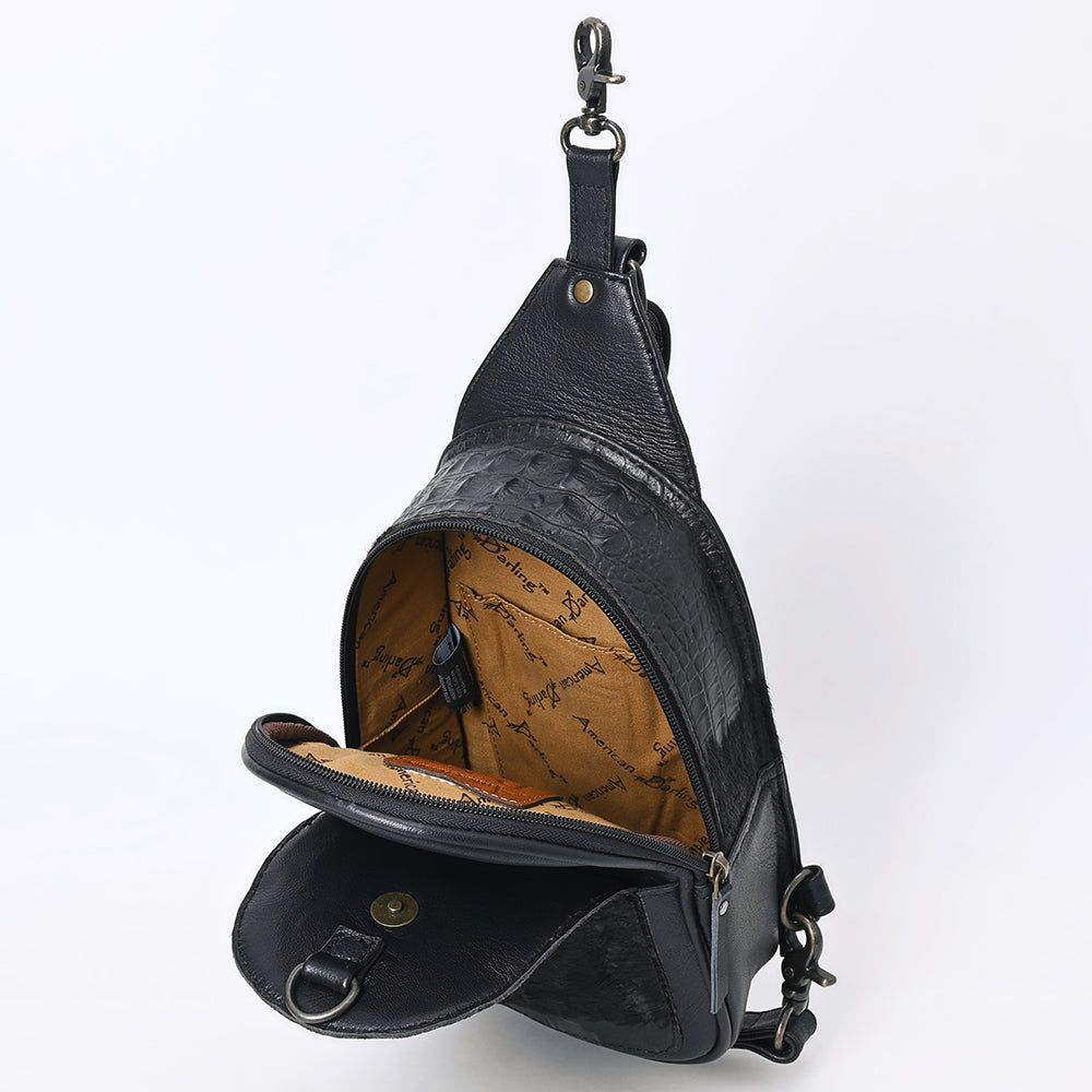 ADBG1538A American Darling Western Leather Sling Bag with Black Crocodile Embossed Detailing - Genuine Hair-on cowhide Leather