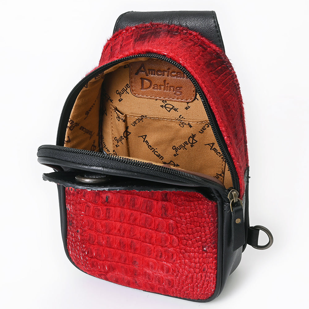 ADBG1538 American Darling Western Leather Sling Bag with Crocodile Embossed Detailing - Genuine Hair-on cowhide Leather