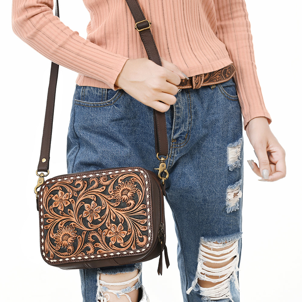 ADBGA599 American Darling Buck Stitched Floral Carved Genuine Leather Camera Bag