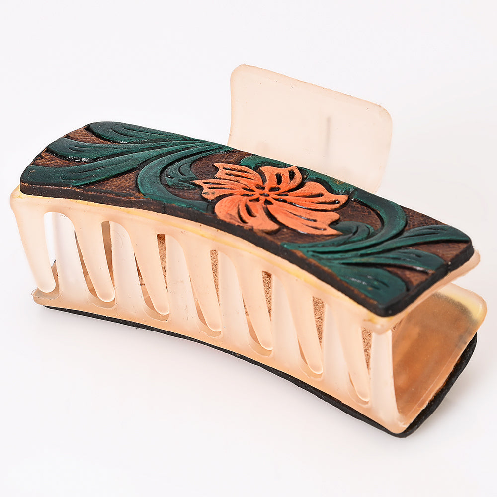 ADHC141 Tooled Leather Hair Band Clip Clutcher - Orange Lily with Green Scrolls | American Darling