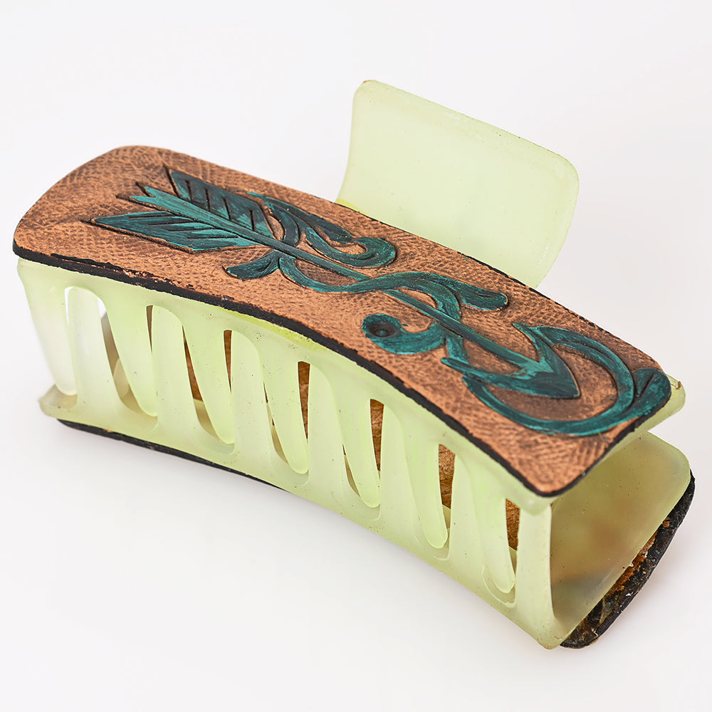 ADHC143 Western Hand-Tooled Leather Hair Band Clip Clutcher with Green Arrow Design