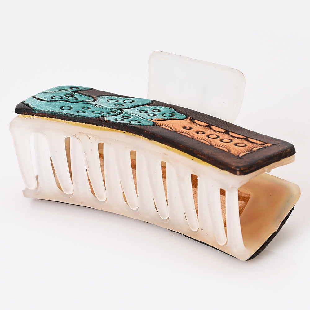 ADHC144 Western Hand-Tooled Leather Hair Band Clip Clutcher with Turquoise Cactus & Sunburst Design