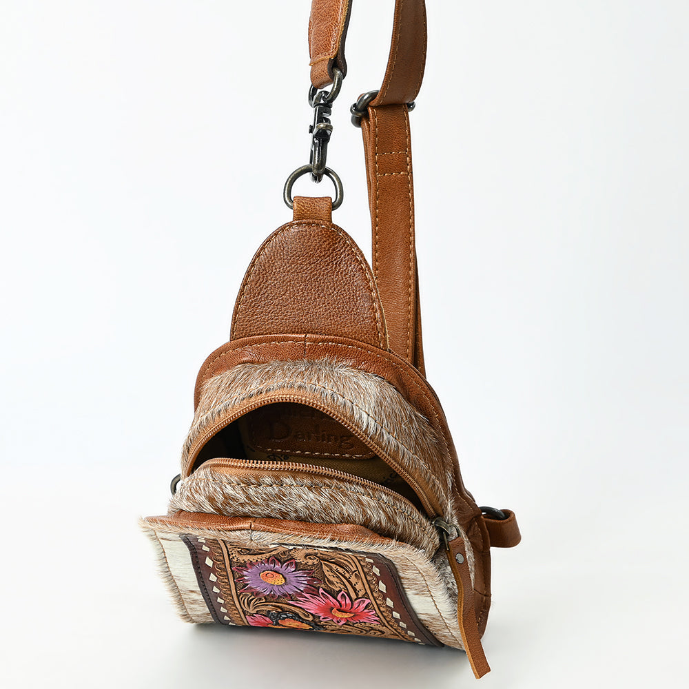 ADBG1543 American Darling Handcrafted Western Leather Sling Bag with Hair-On Cowhide & Hand-Tooled Details