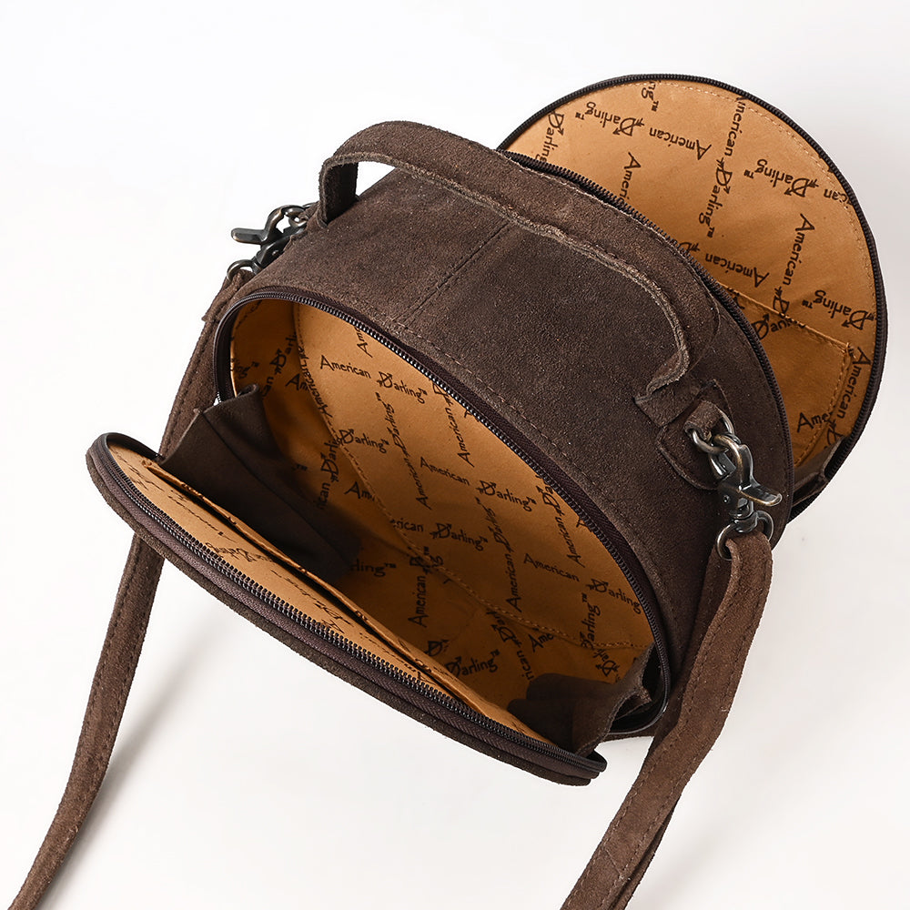 ADBG1549 American Darling Western Genuine Suede Leather Canteen Bag with Stitch Detailing - Handcrafted Round Purse