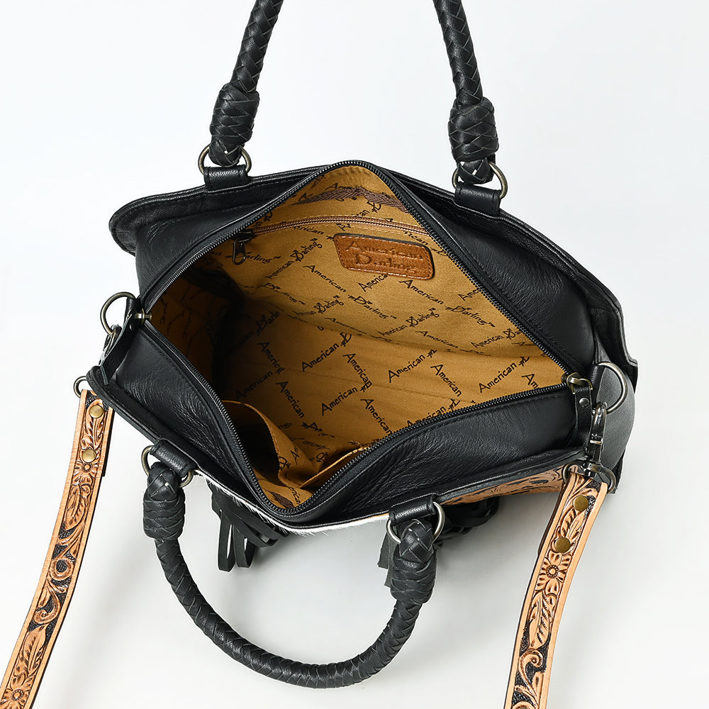 ADBG1551 American Darling Western Leather Tote Bag with Hair-On Cowhide & Hand-Tooled Floral Panels