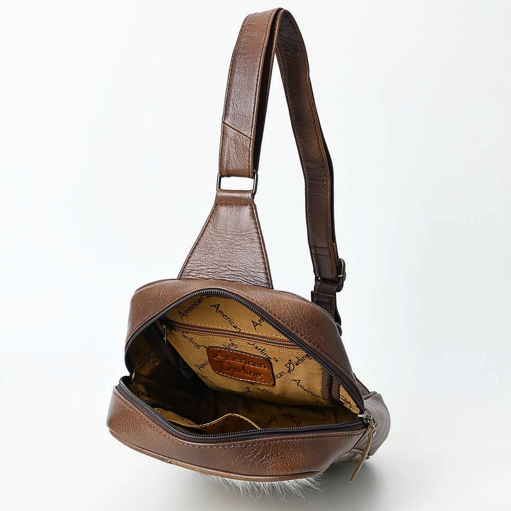 ADBG1554 American Darling Western Leather Sling Bag with Hair-On Cowhide & Woven Saddle Blanket Front