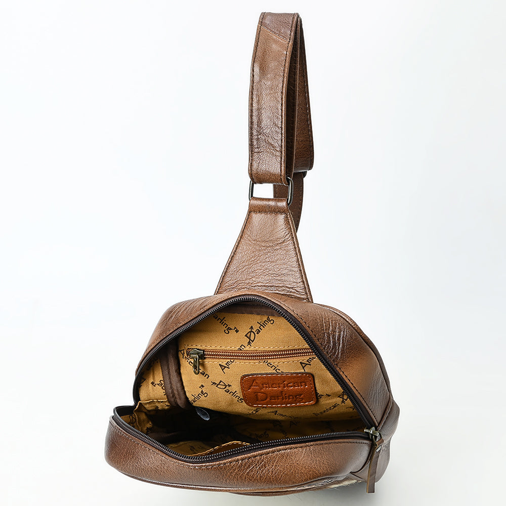 ADBG1555 American Darling Western Leather Sling Bag with Hair-On Cowhide & Hand-Tooled Floral Accents