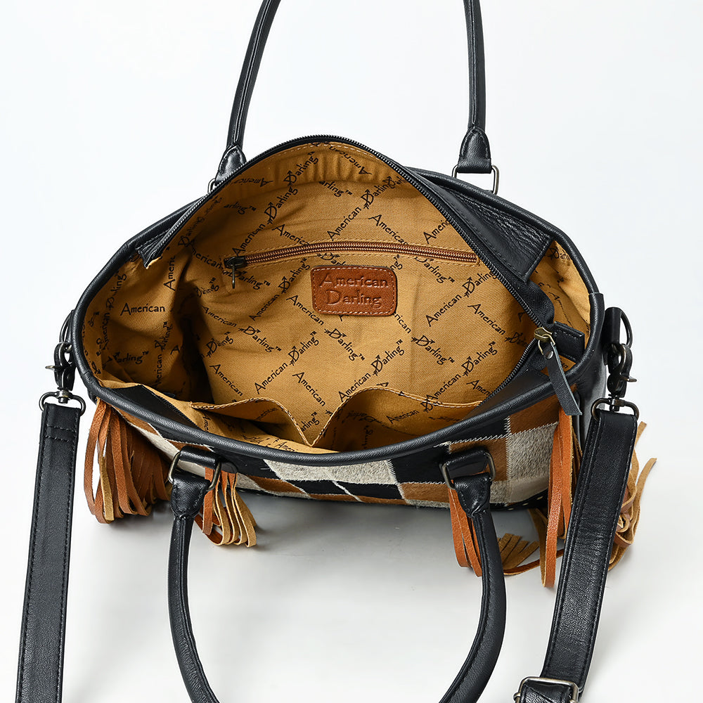 ADBG1556 American Darling Western Leather Tote Bag with Hair-On Cowhide & Fringe - Handmade American Darling