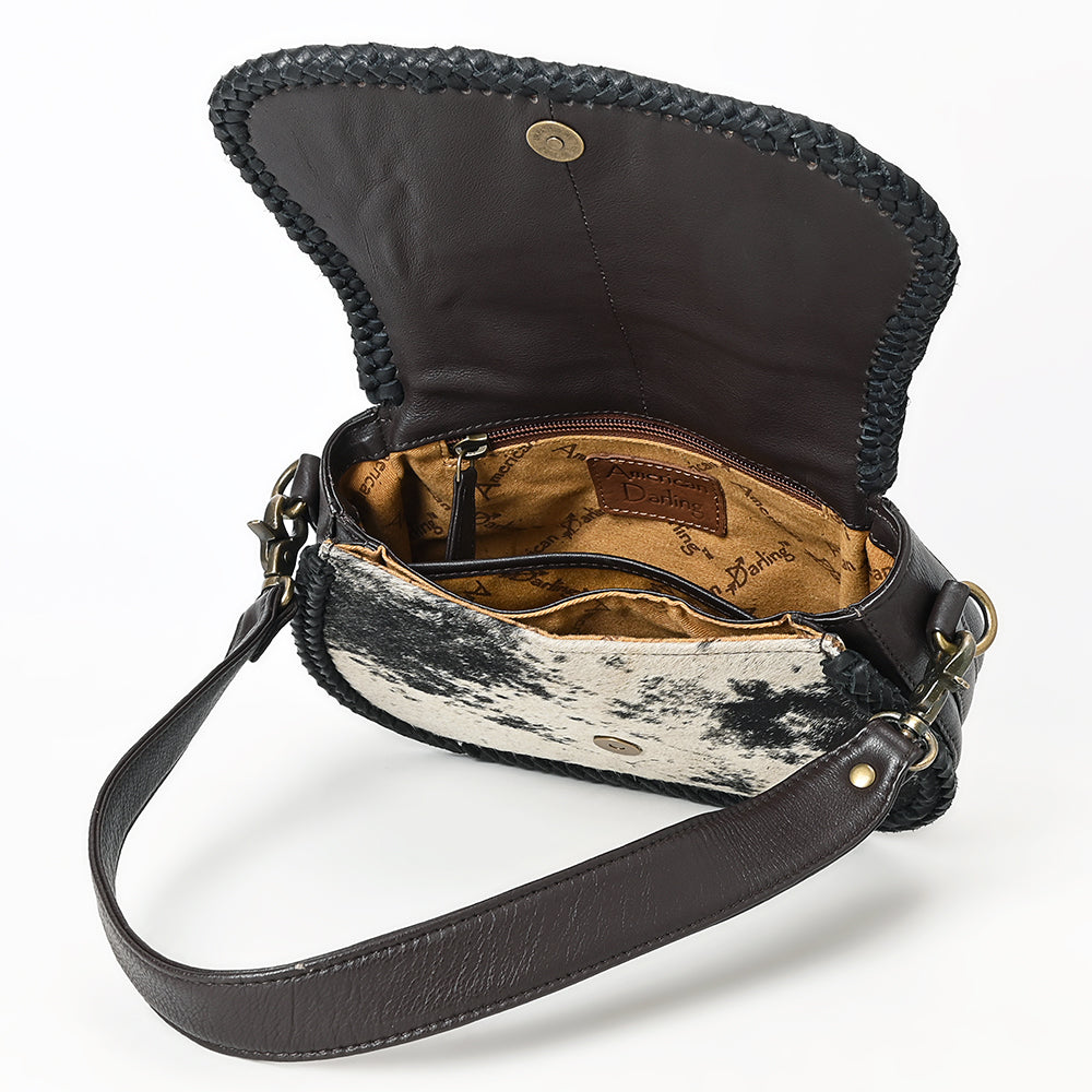 ADBGM464 Hair-On Cowhide Crossbody Bag - Black & White Western Saddle Style with Braided Trim