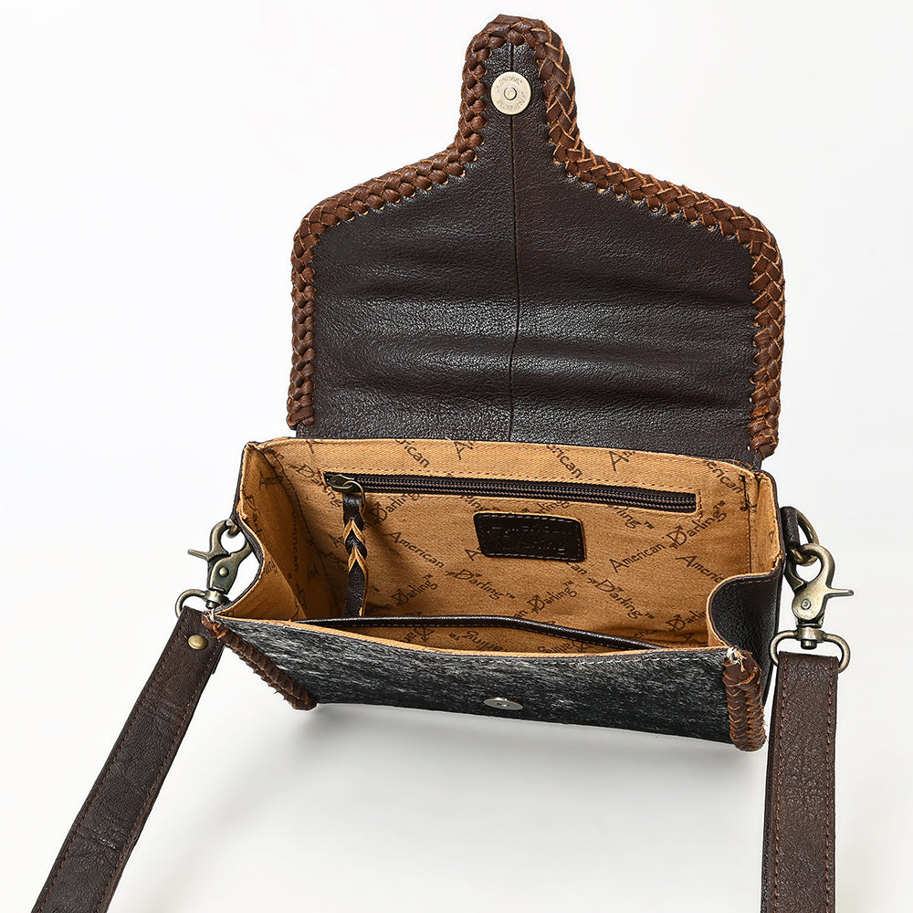 ADBGM465 Hair-On Cowhide Leather Crossbody - Western V-Flap Bag with Braided Trim & Handle