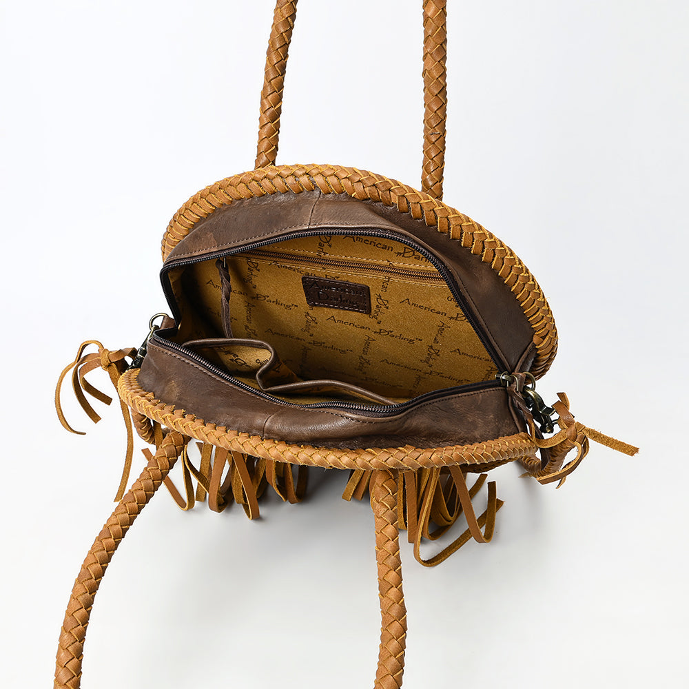 ADBGM466 Round Cowhide Leather Canteen Fringe Bag - Western Turquoise Concho & Braided Strap