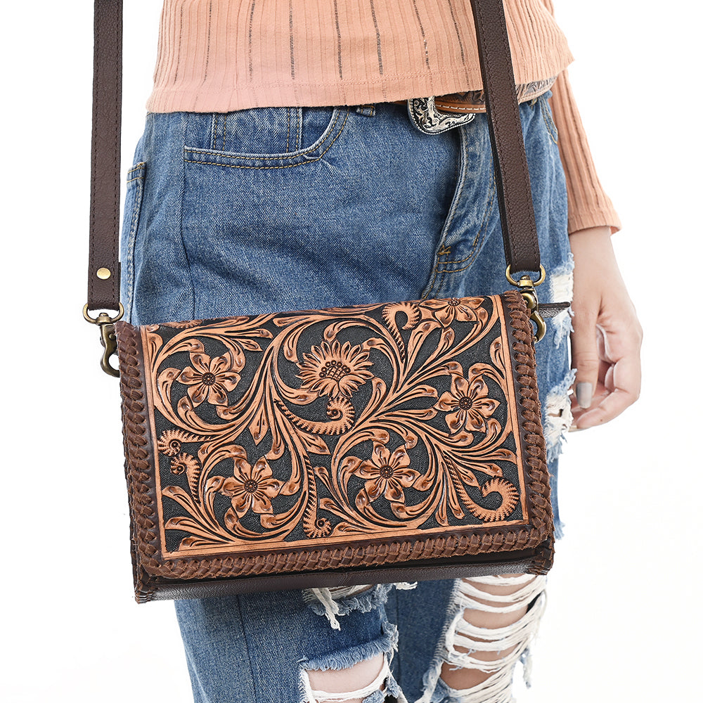 ADBGA614 Tooled Leather Western Crossbody Bag-Floral Handcrafted Shoulder Purse