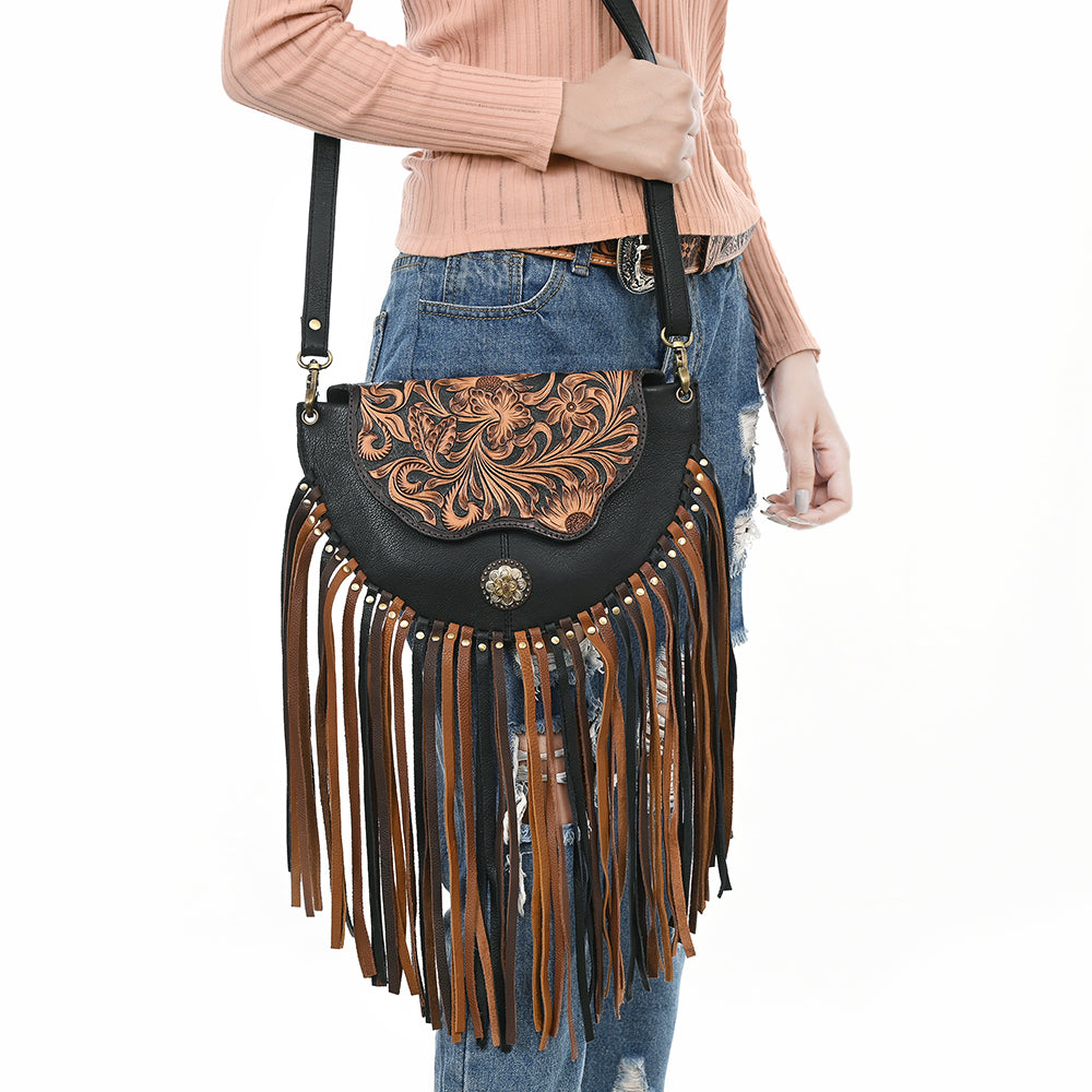 ADBGA540 American Darling Hand Tooled Leather Crossbody Bag with Multi-Tone Fringe & Western Floral Design