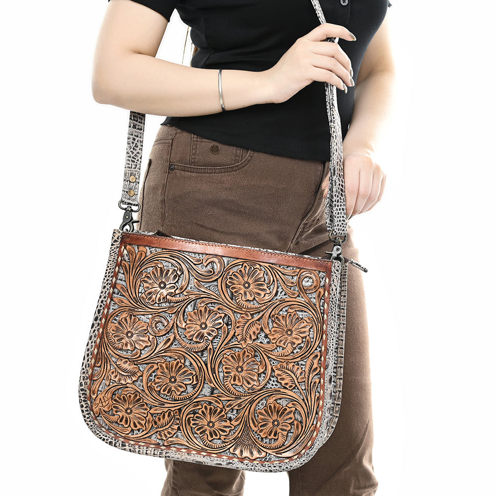 ADBG1566 American Darling Western Leather Crossbody Bag with Hand Tooled Floral Carving