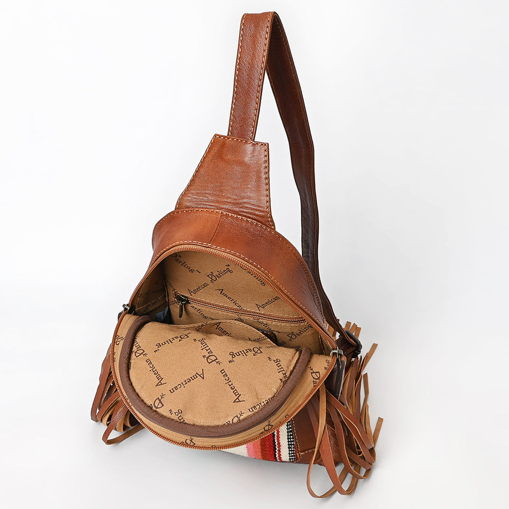 ADBG1568B American Darling Western Leather Sling Bag with Fringe and Hand Woven Saddle Blanket