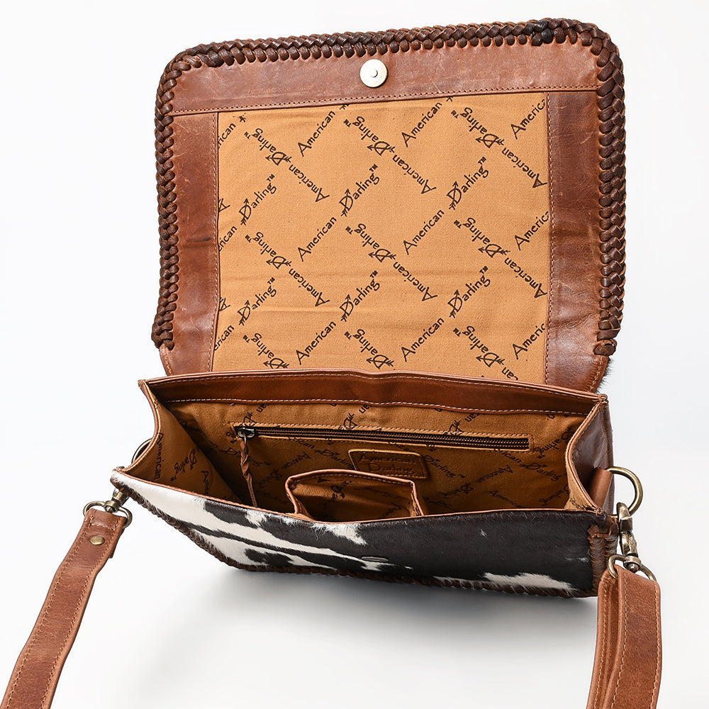 ADBGM480 Black & White Cowhide Crossbody Bag - Western Flapover with Braided Leather Trim