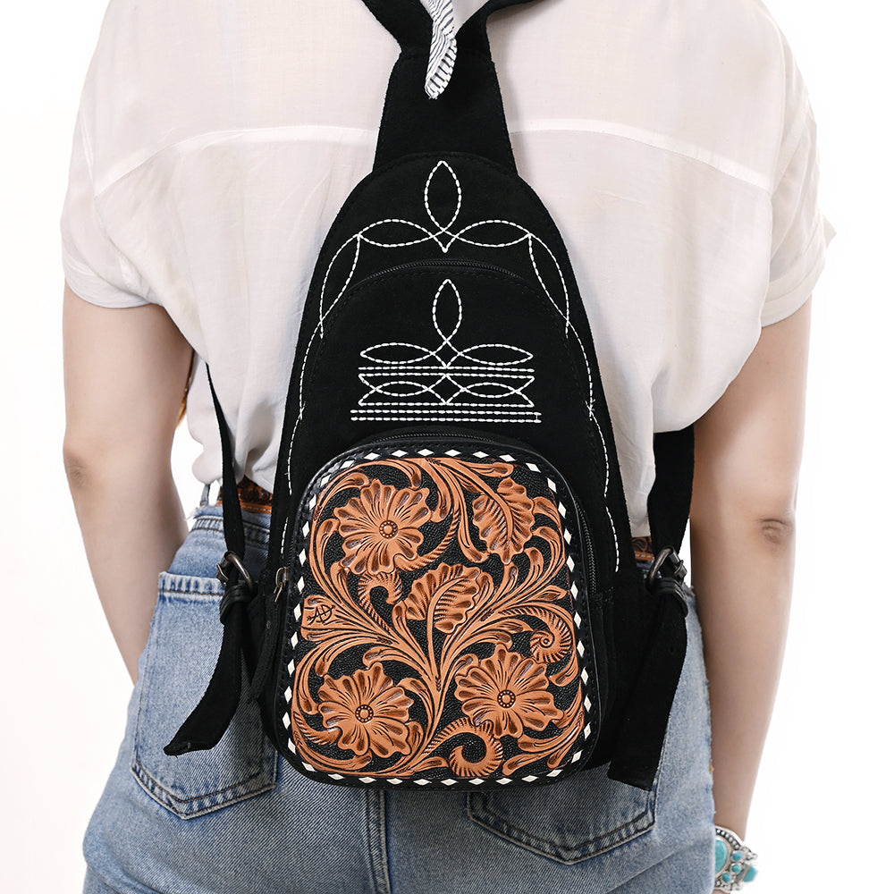 ADBG1573A American Darling Black Suede Genuine Leather Sling Bag with Hand Tooled Floral Front & Buck Stitch Details