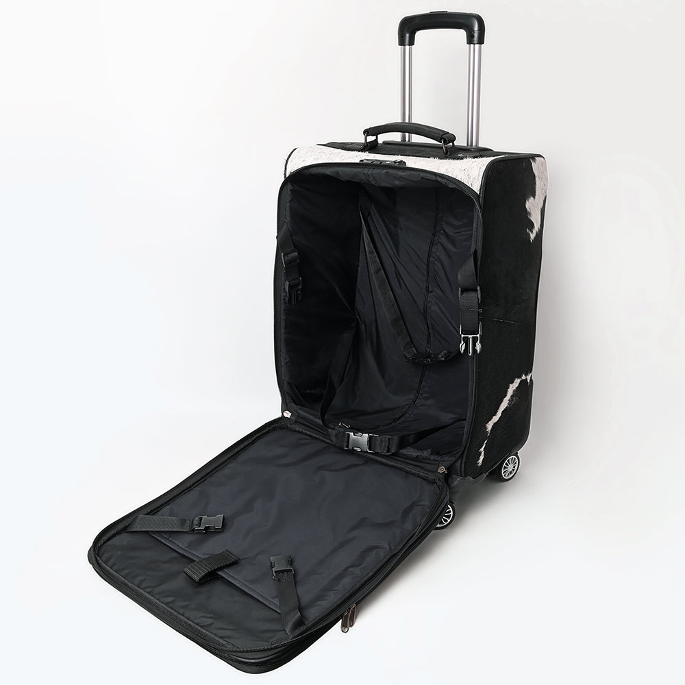 ADBG1576 Western Rolling Luggage - Black & White Hair-On Hide with Floral Tooled Leather