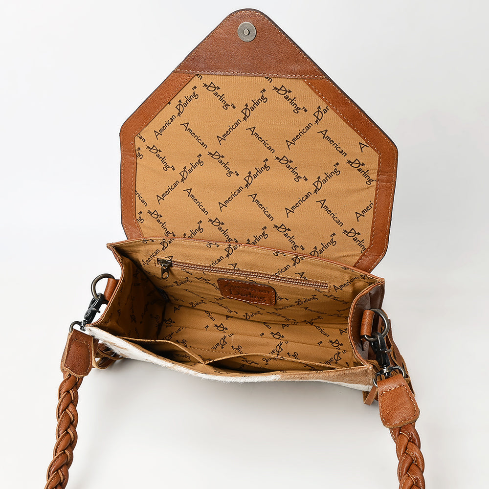 ADBG1582 American Darling Western Hand-Tooled Floral Envelop Bag with Hair-On Cowhide and Braided Strap