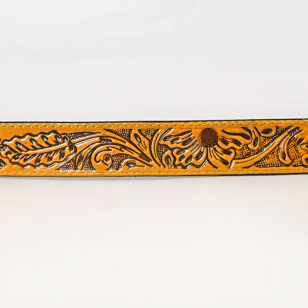 ADBL170 Hand-Tooled Yellow Floral Western Leather Belt with Oval Buckle
