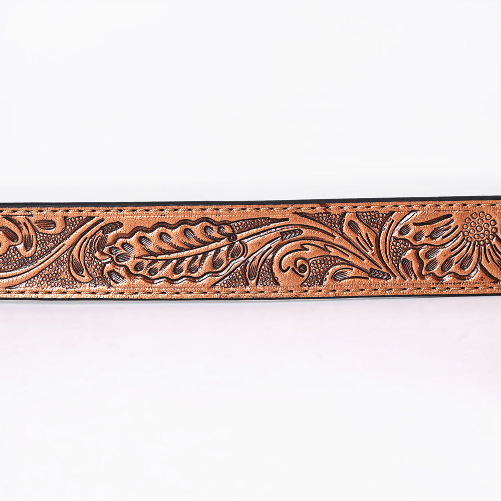 ADBL174 Hand-Tooled Copper Brown Western Leather Belt with Floral Oval Buckle