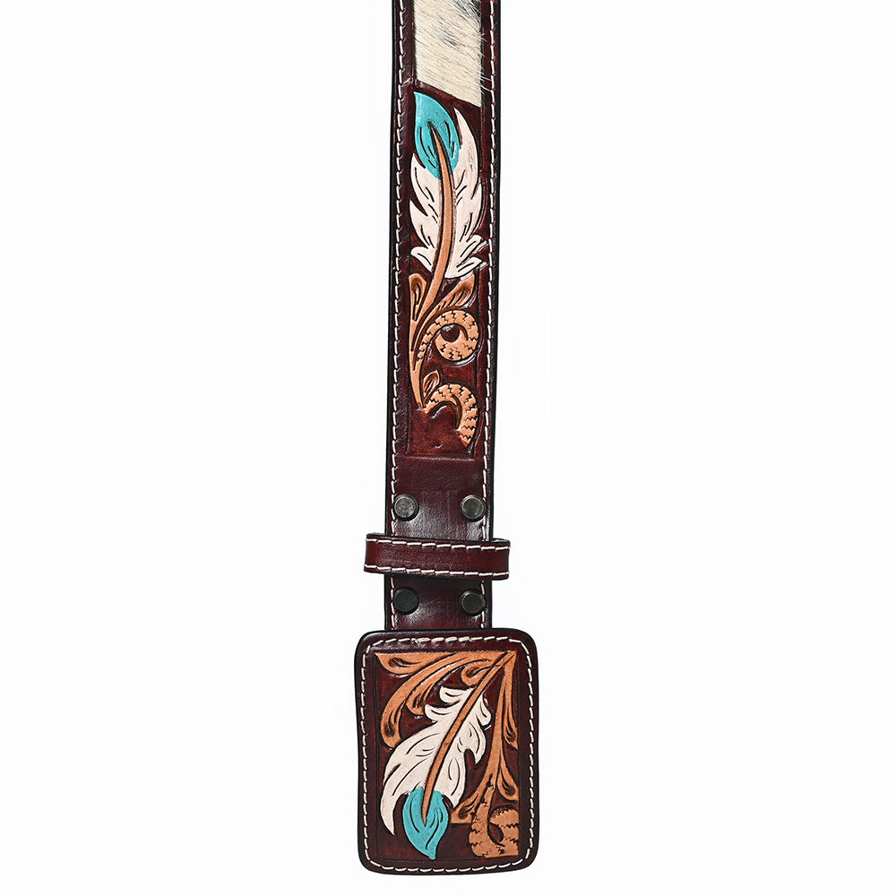 ADBLF268 Feather Tooled Leather Belt with Hair-On Hide Inlay and Turquoise Accents
