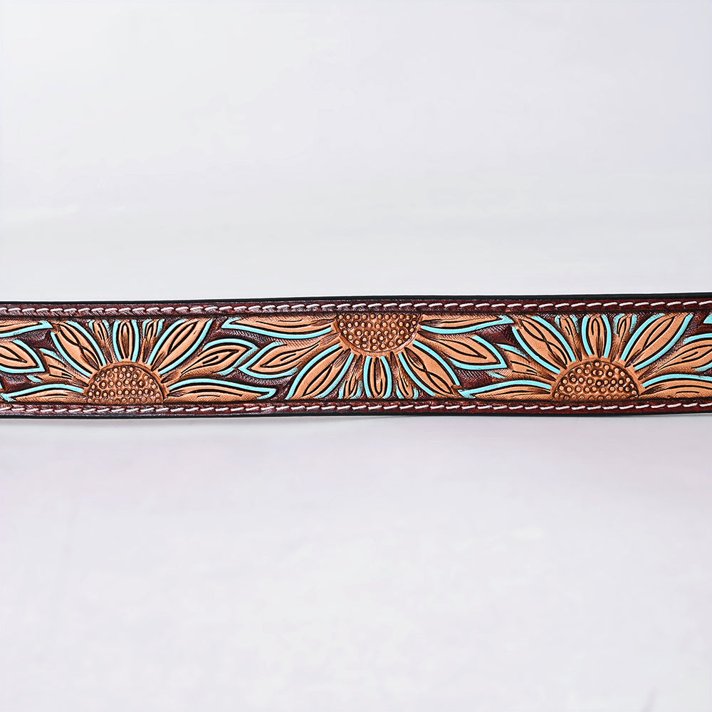 ADBLF273 Tooled Leather Western Belt - Oversized Sunflower Design with Turquoise Accents