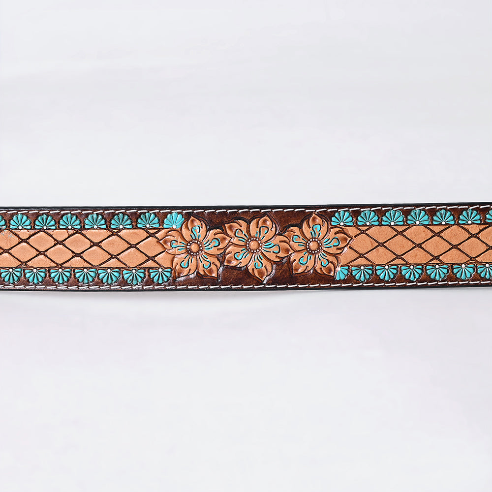 ADBLF274 Tooled Leather Western Belt - Lattice Floral Pattern with Turquoise Accents