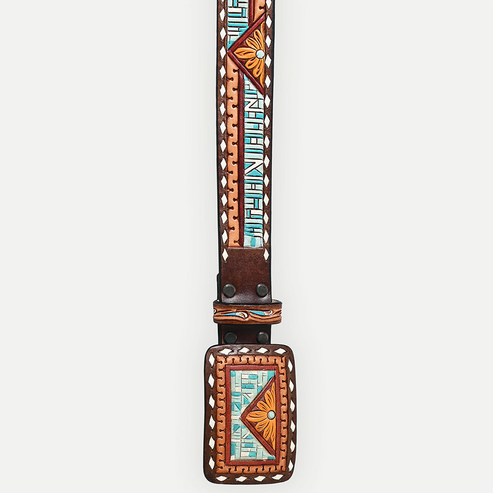 ADBLF275 Hand-Tooled Leather Belt - Southwestern Geometric & Floral Inlay Design