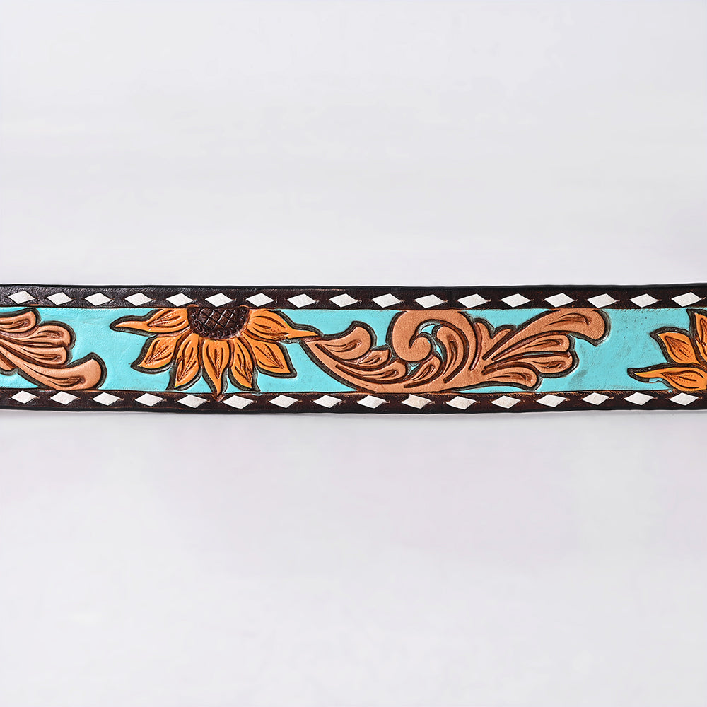 ADBLF283 Western Hand Tooled Leather Belt - Turquoise & Sunflower Floral Design