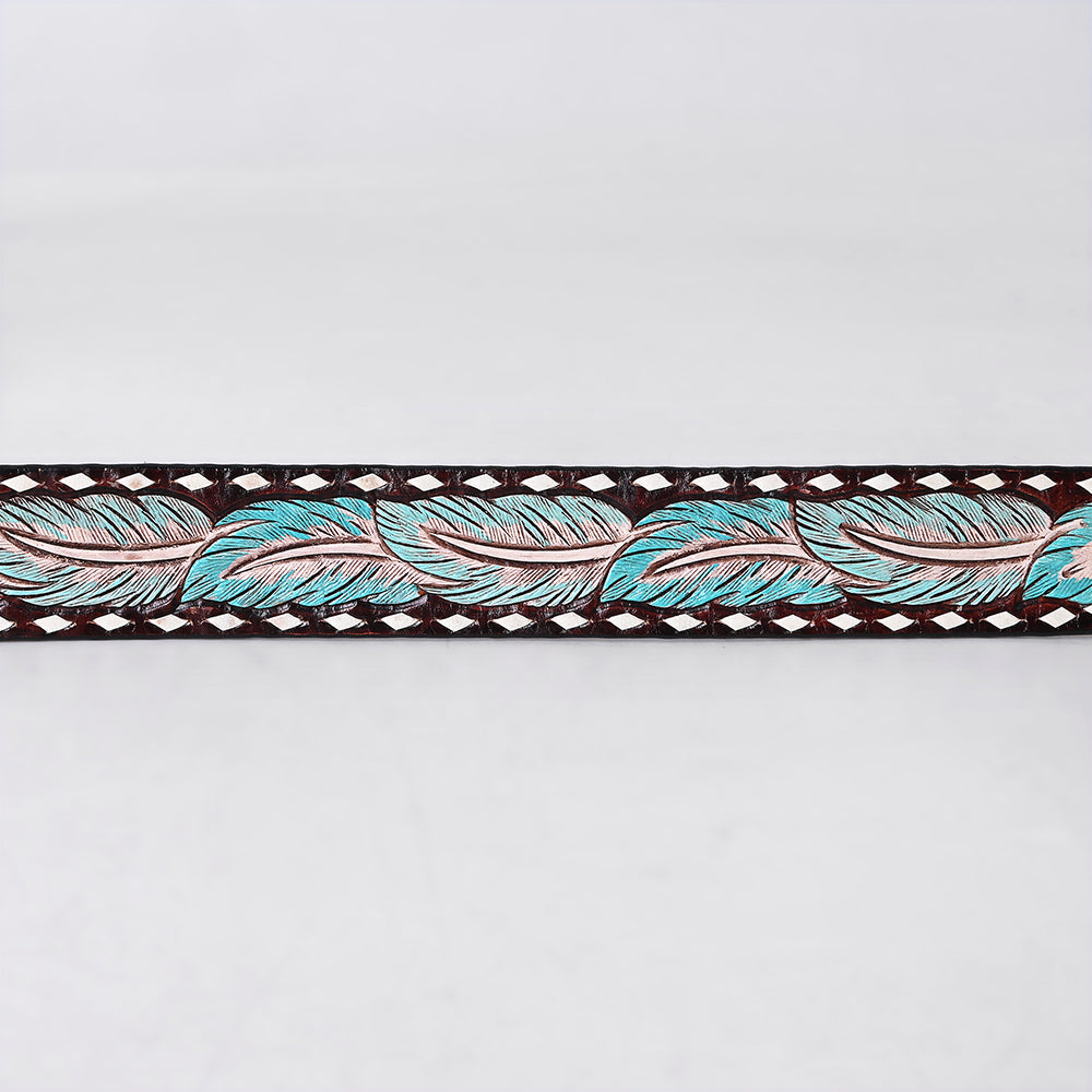ADBLF285 Western Hand Tooled Leather Belt - Turquoise & Blush Feather Pattern