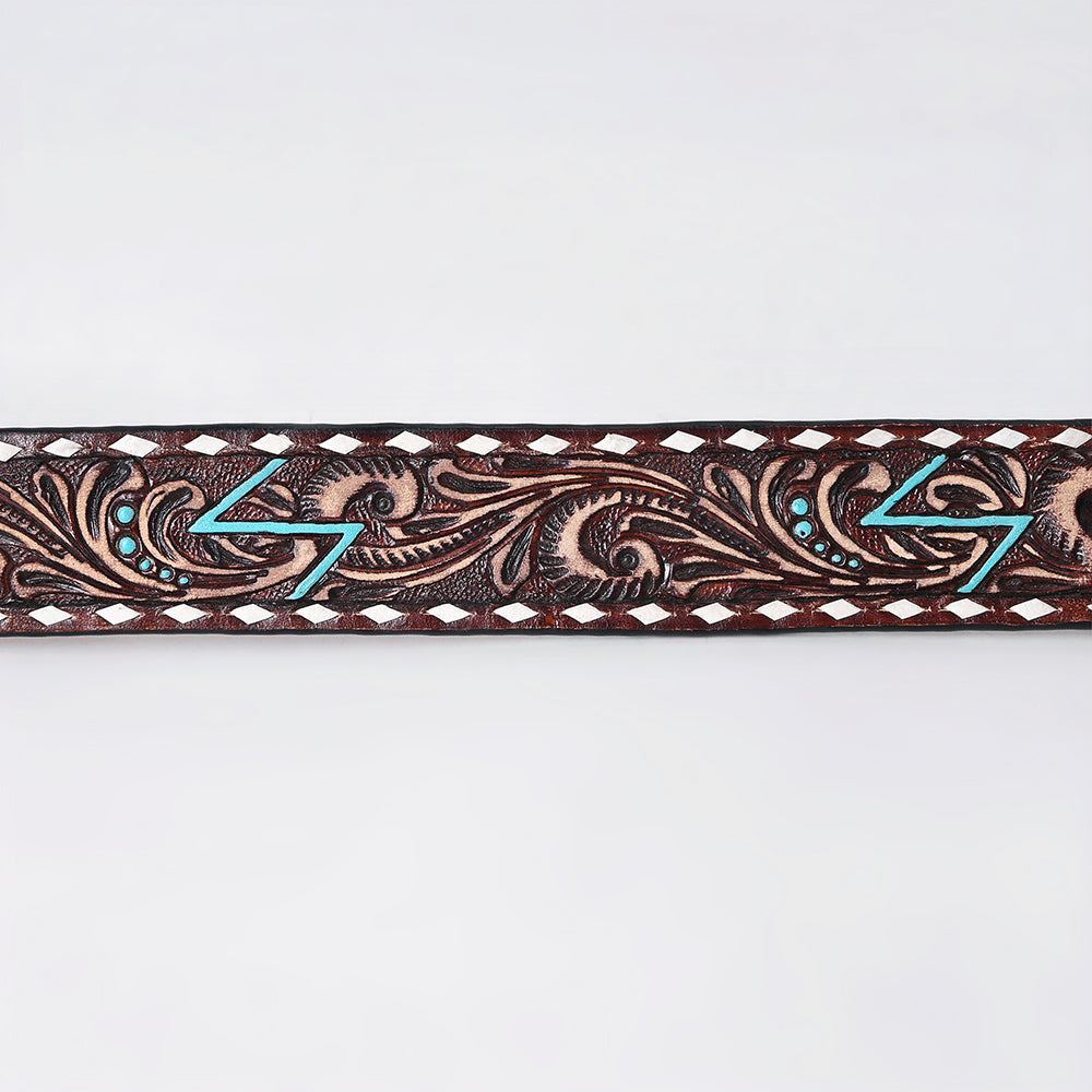 ADBLF288 Tooled Western Leather Belt - Turquoise Lightning Bolt & Floral Scroll Design