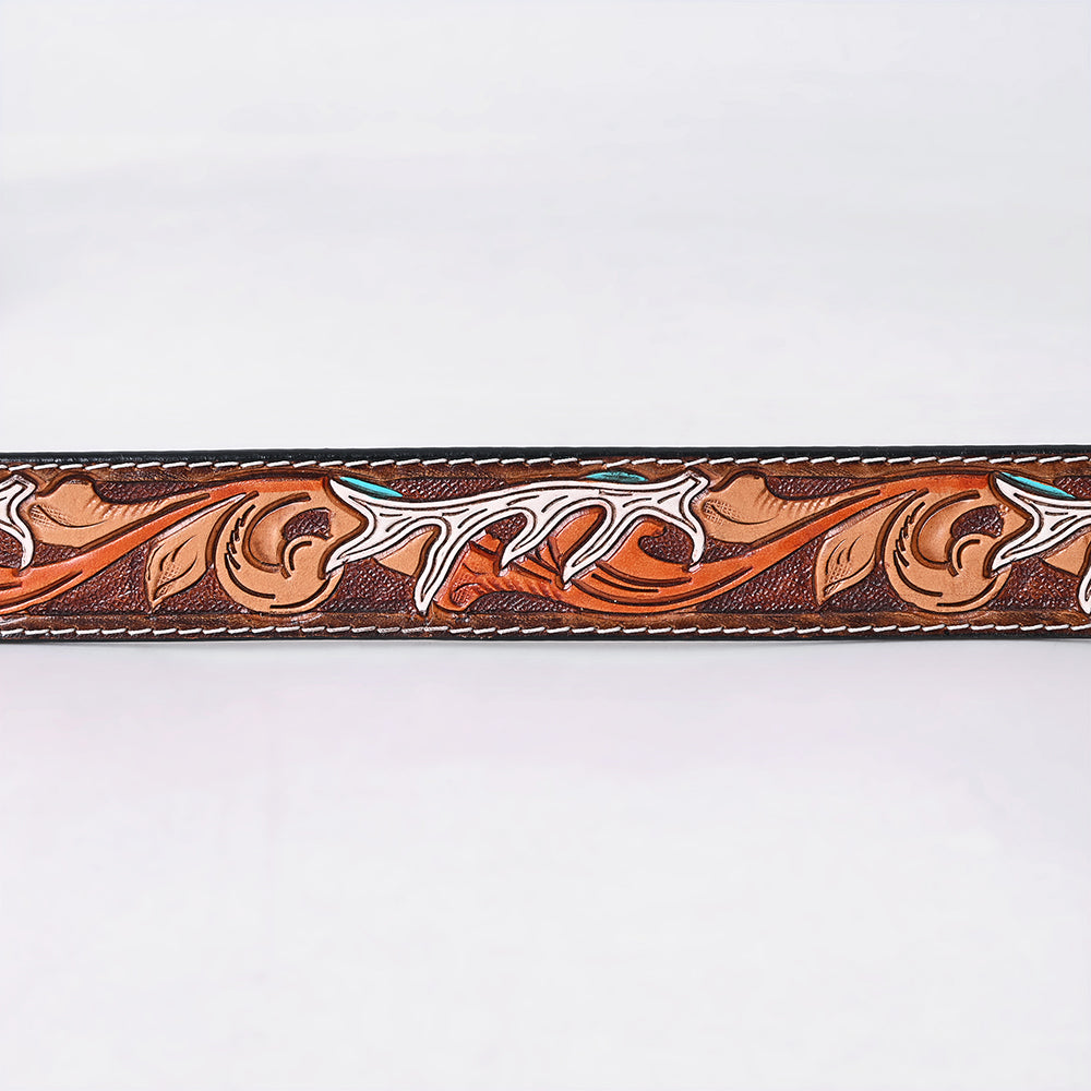 ADBLF289 Tooled Leather Western Belt - White Antler & Scroll Floral Design