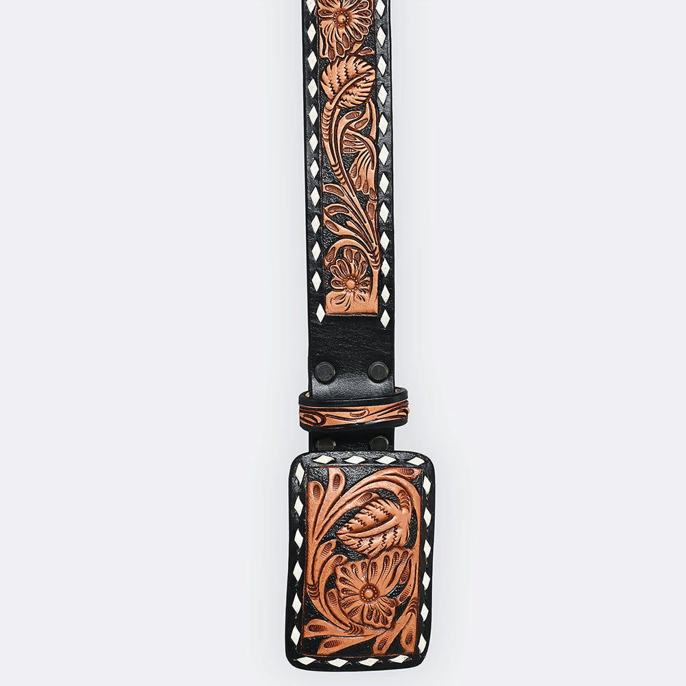 ADBLF290 Black & Saddle Hand Tooled Leather Western Belt - Floral Vine Design