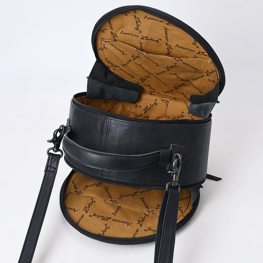 ADBG1563 American Darling Western Genuine Leather Canteen Bag - Black Crocodile Embossed Round Crossbody