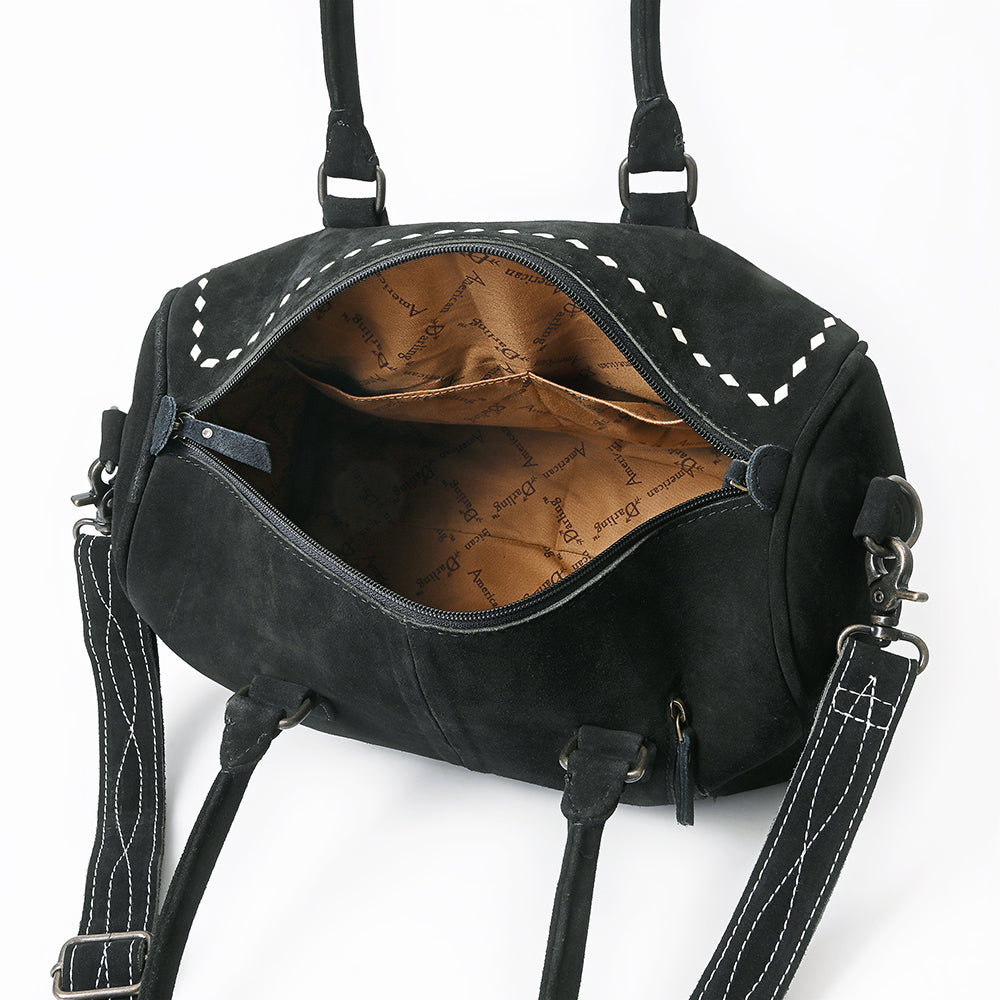 ADBG1585A Black Genuine suede Embroidered Duffel Handbag - Western Weekender with Shoulder Strap