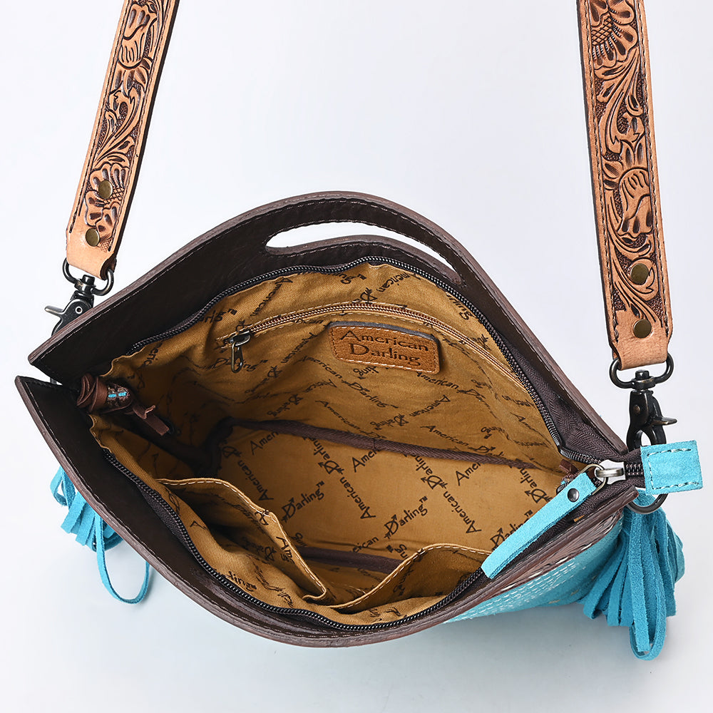 ADBG1584 American Darling Hand-Tooled Western Leather Cross Body Bag with Fringe & Carved Detailing