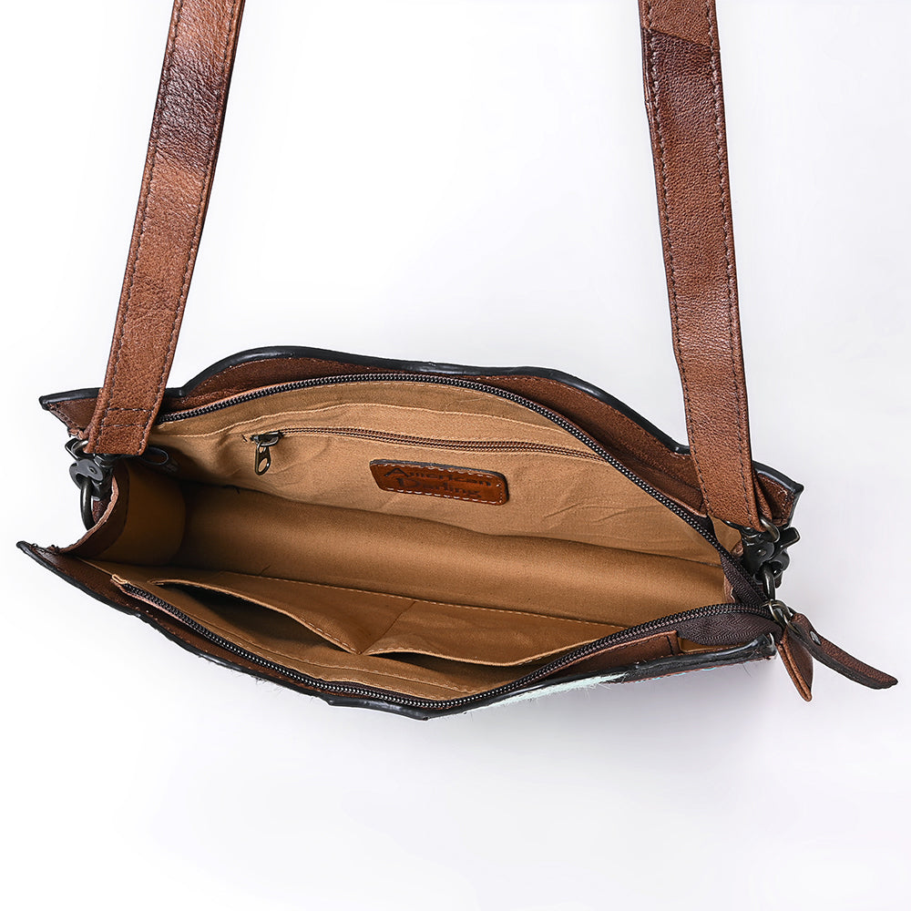 ADBG1586 American Darling Hair-On Cowhide Western Leather Cross Body Bag with Tooled Floral Detailing
