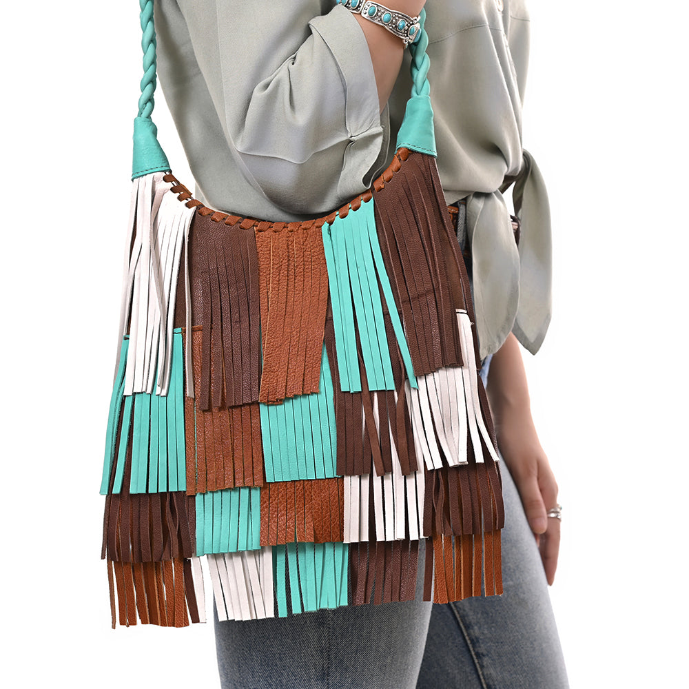 ADBG1594 Western Fringe Leather Hobo Bag - Turquoise, Brown & White Patch Fringe Purse