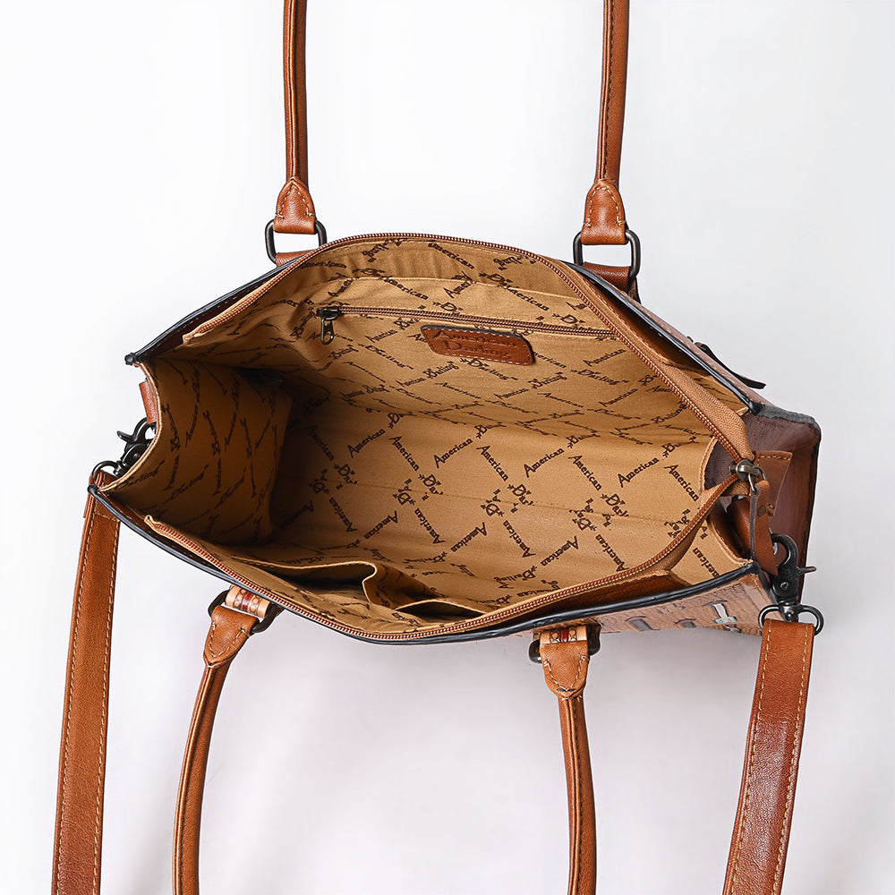 ADBG1595 Western Leather Tote Bag - Multicolor Arrow Tooling Design