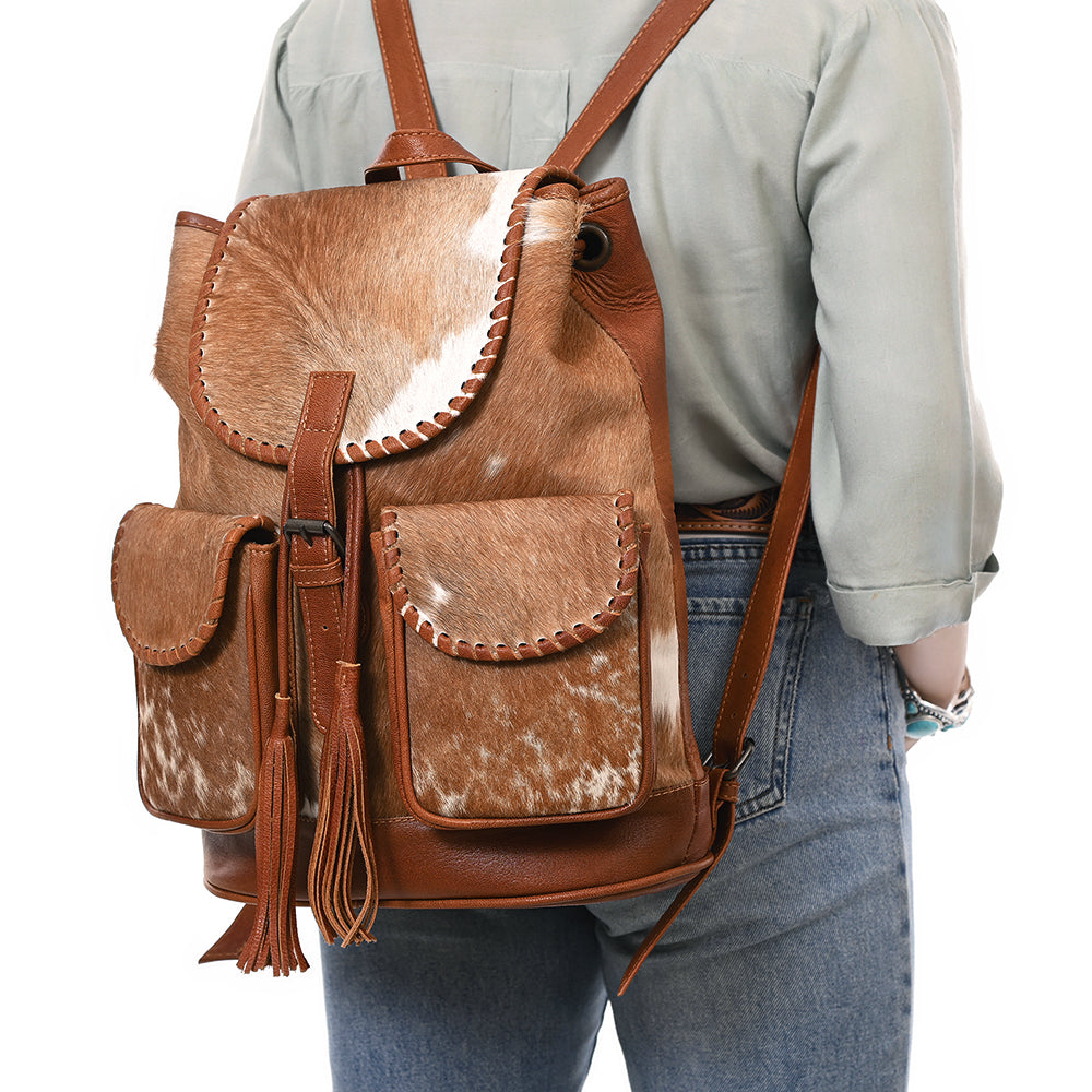 ADBG1596 Genuine Cowhide Leather Backpack with Front Pockets & Whipstitch Detailing