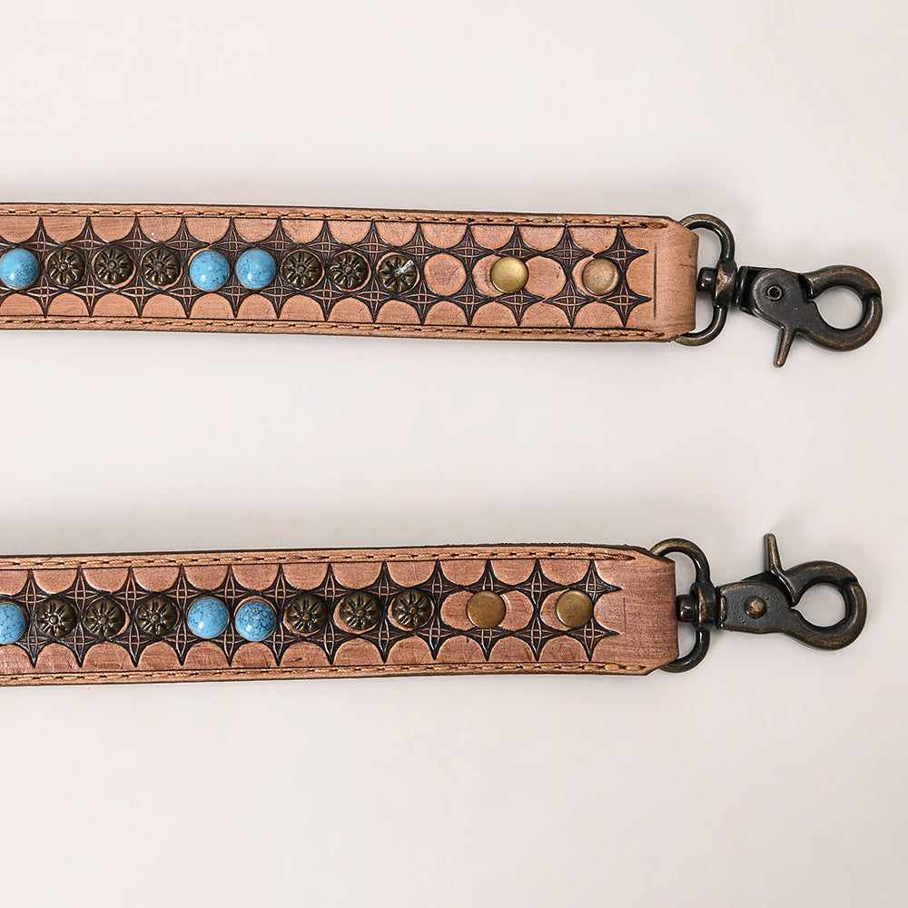 ADBT146 Tooled Leather Bag Strap with Turquoise Beads & Western Buckle - Adjustable Handcrafted Replacement