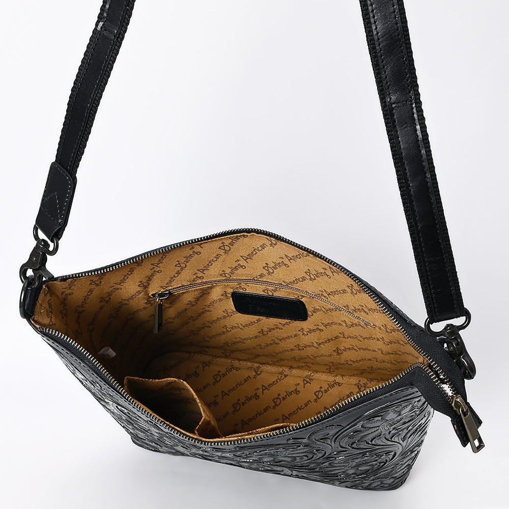ADBGZ898A Black Hand-Tooled Genuine Leather Western Messenger Bag