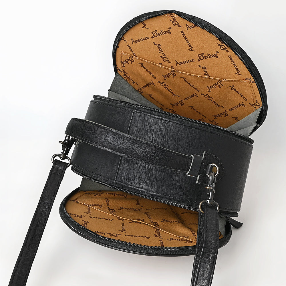 ADBG1600 Round Cowhide & Tooled Leather Canteen Bag with Turquoise Floral Design